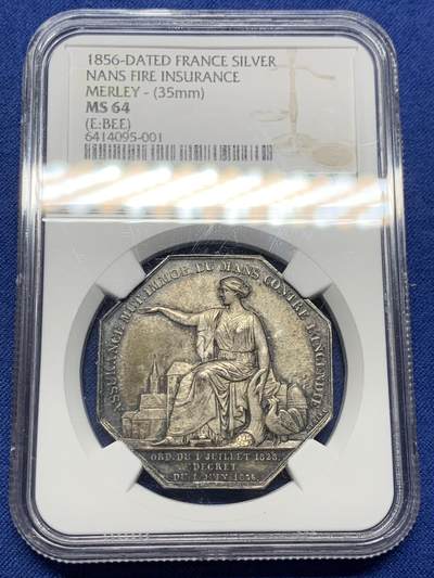 《竞宝斋》第430场 周日，周一，周二 3场连拍 （全场包邮） NGC MS64 法国勒芒火灾保险公司八角银制代币 MERLEY作品 蜜蜂边铭银标 早期版本 原味包浆，高分好品！