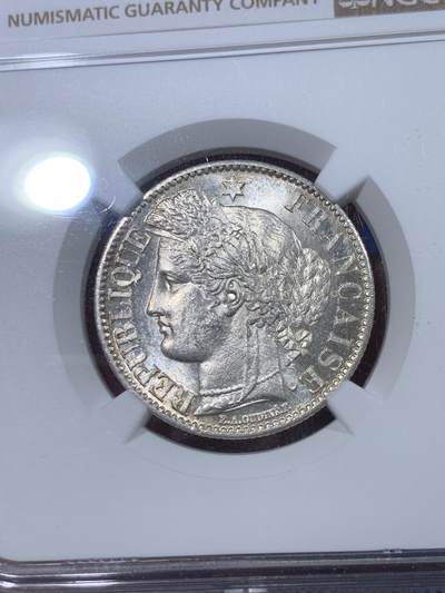 《竞宝斋》第430场 周日，周一，周二 3场连拍 （全场包邮） NGC MS64 法国1887谷物女神2法郎银币，经典谷物女神头像，暴力霜银转光，底板丝滑。2法郎流通充分，高分非常难得，记录更高仅7枚，ms60分书价150美金。