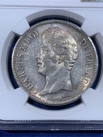 《竞宝斋》第430场 周日，周一，周二 3场连拍 （全场包邮） NGC AU58 法国1828年查理十世5法郎大银币 背面转光极好 略为低评