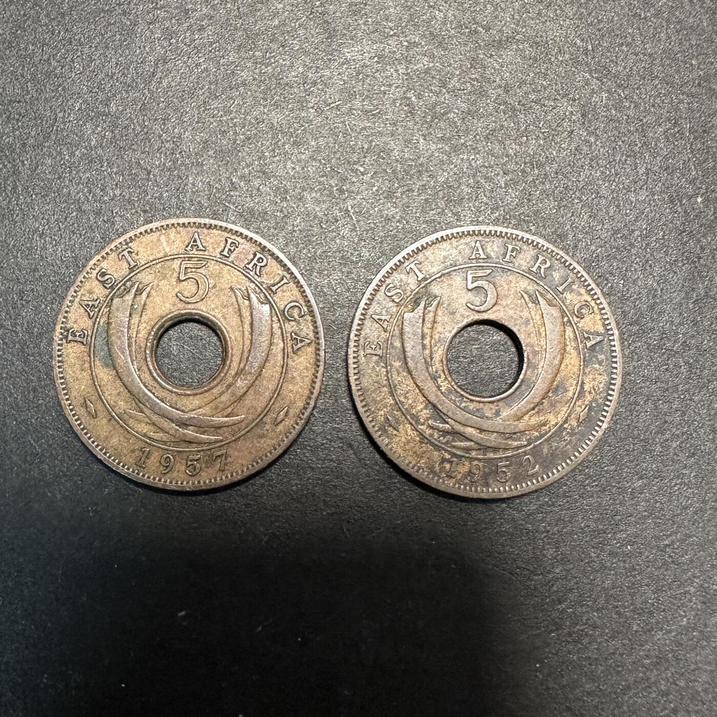 蒂克钱币-第45场 外国硬币散币 英属东非 1952/1957年 5分 铜币