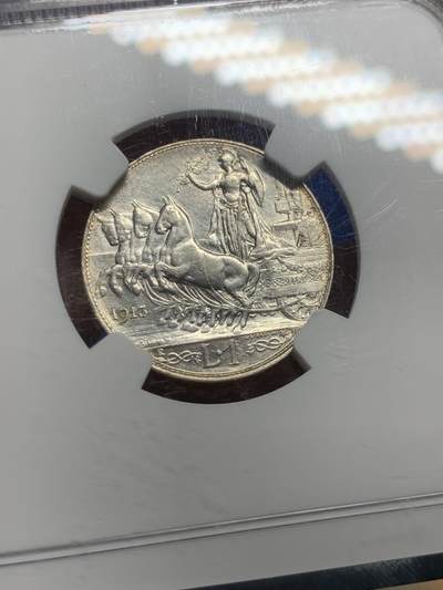 《竞宝斋》第430场 周日，周一，周二 3场连拍 （全场包邮） NGC AU55 意大利1913年四架马车女战神1里拉银币 少见圈版