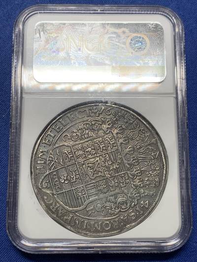 《竞宝斋》第430场 周日，周一，周二 3场连拍 （全场包邮） NGC AU53 德国1641年萨克森约翰格奥尔格执剑大泰勒 正反均匀老包浆浑然舒朗，背面大盾徽打制清晰精美，古韵盎然的一枚选帝侯泰勒，细节见图