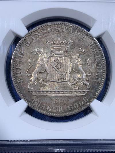 《竞宝斋》第430场 周日，周一，周二 3场连拍 （全场包邮） NGC MS63 德国1865年不莱梅泰勒银币，酱五彩十分漂亮