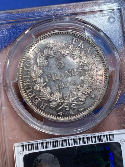《竞宝斋》第430场 周日，周一，周二 3场连拍 （全场包邮） PCGS MS62 法国1848年第二共和国大力神5法郎银币 原光五彩 状态一流 老盒严评 盒子顶部小裂纹 币状态很好