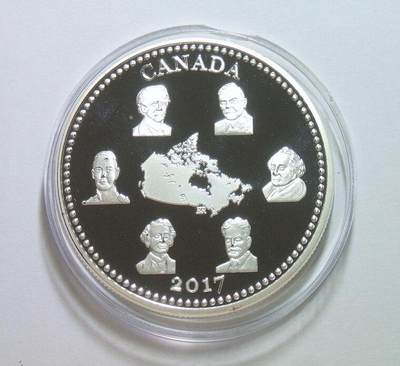 【旋风钱币】10月25日19:00准时开拍 精美欧洲币章、第三帝国钱币、精美项链等 全场包邮 加拿大2017年 历届英国国王及加总理 加拿大成立150周年 彩色高浮雕精制大镀银章 40mm