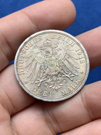 《竞宝斋》第430场 周日，周一，周二 3场连拍 （全场包邮） 德国1913威廉二世3马克银币 彩金包浆 细节见图