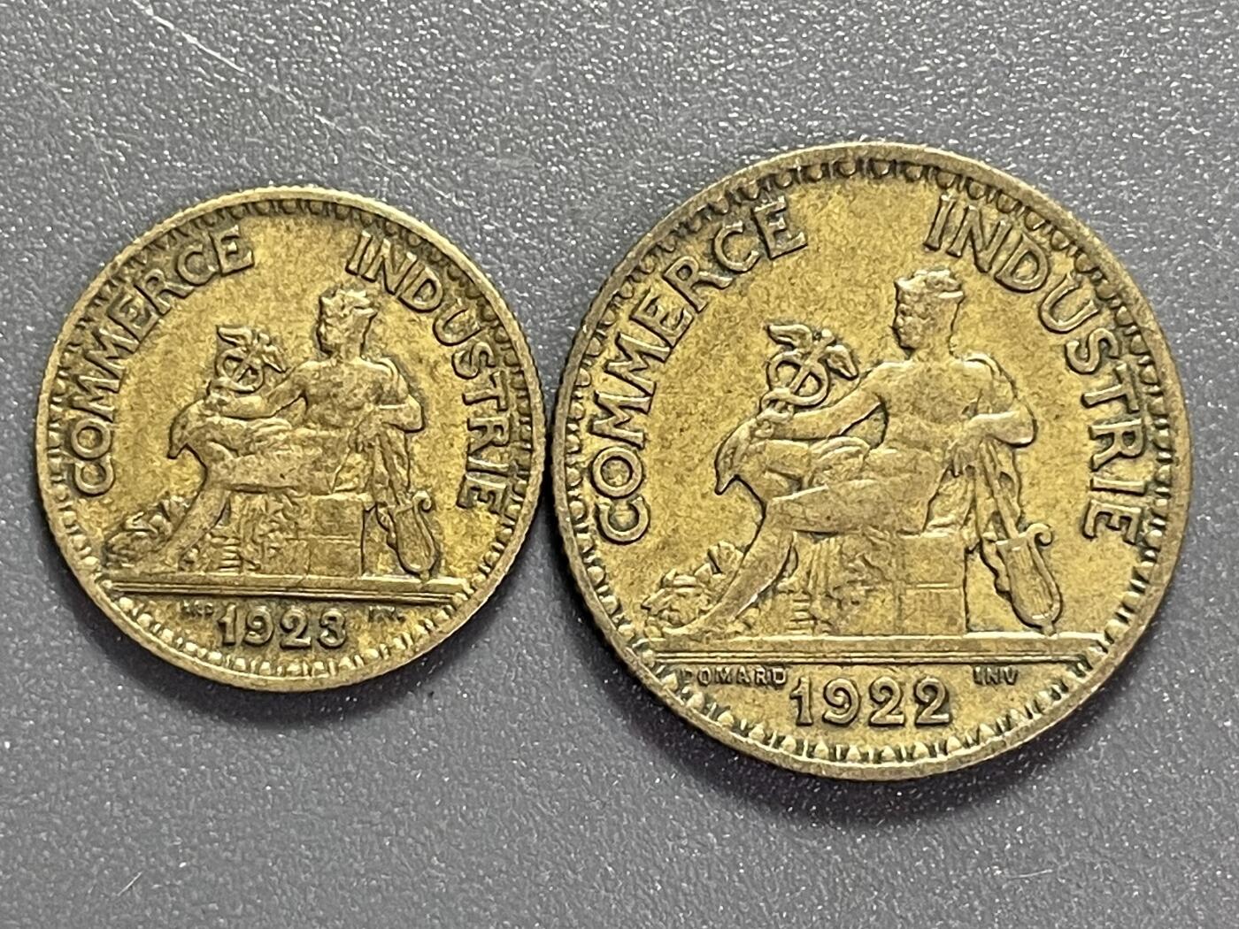 回流1019 法国商务部1922年、1923年1法郎、50分座人铜币
