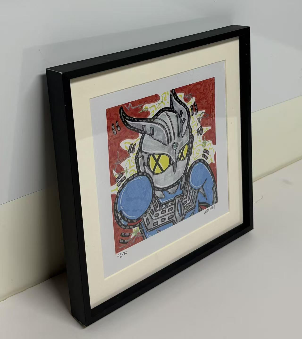 零元拍：歪歪亲笔签名 OWSON 系列作品装饰画《奥特曼》，已做装裱 合金相框尺寸25/25CM。因展品出展，镜框或亚克力可能有轻微划痕，介意勿拍