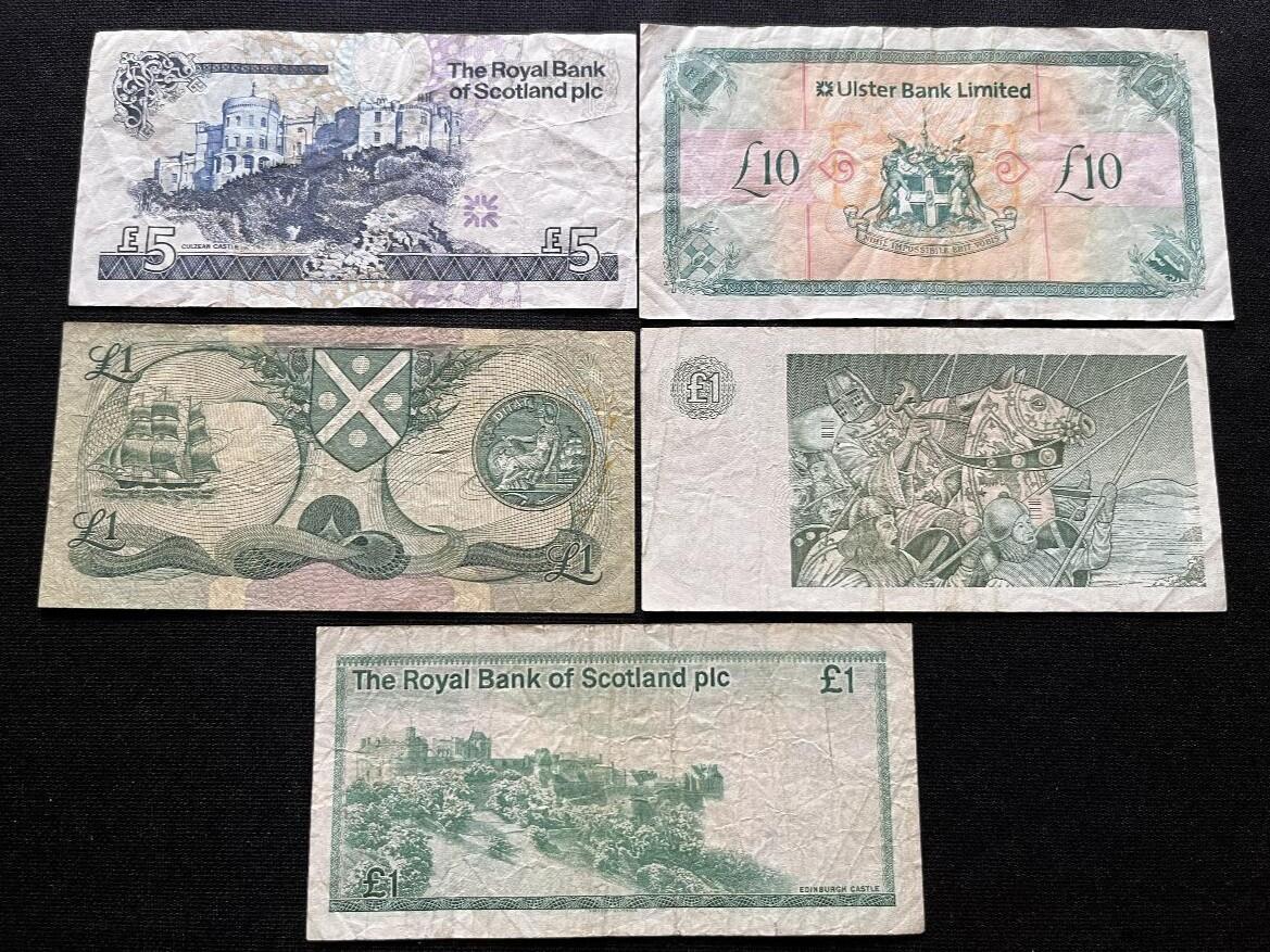 咖啡豆•收藏 2025年Oct_25th世界各国纸币拍卖 5枚 苏格兰/北爱尔兰 1-10镑 纸币钞票 外国外币