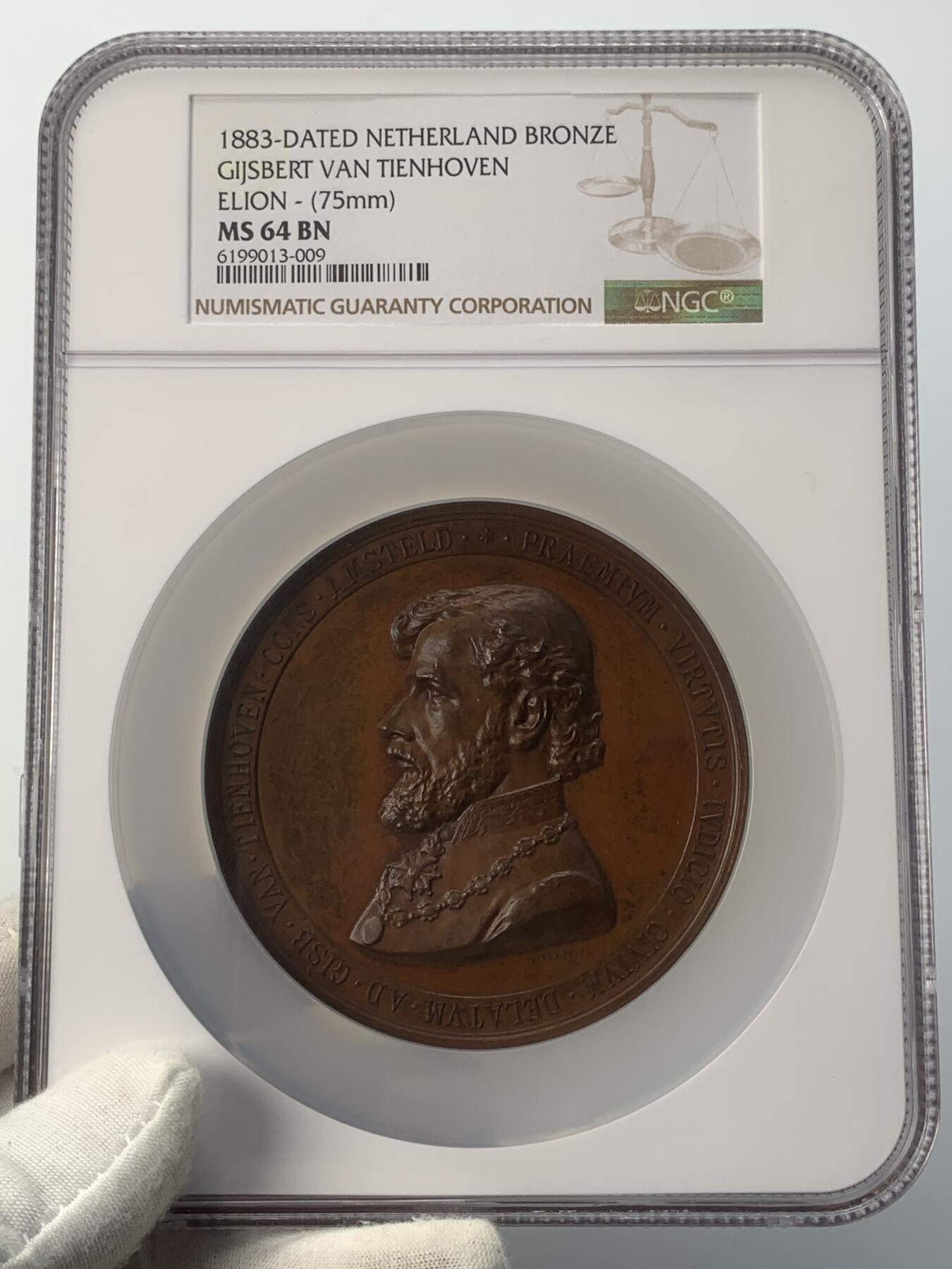 掌中浮雕-藏着的欧洲第038场 NGC MS64 : 1883年阿姆斯特丹市长Gijsbertus van Tienhoven铜章，75mm，J. Elion雕刻