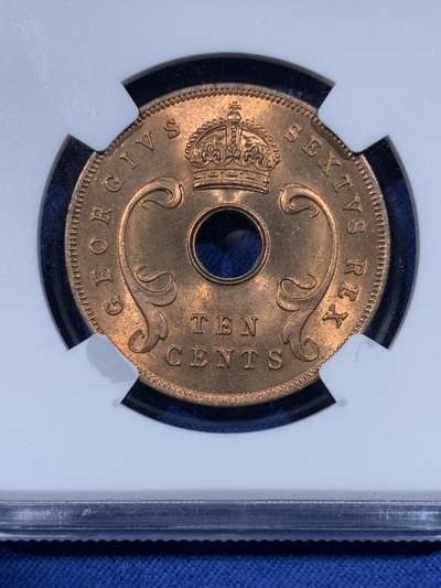 《竞宝斋》第430场 周日，周一，周二 3场连拍 （全场包邮） 两枚一组 NGC MS65RB 1952年英属东非乔六时期5/10分铜币 合适收藏的分数！铜光漂亮！