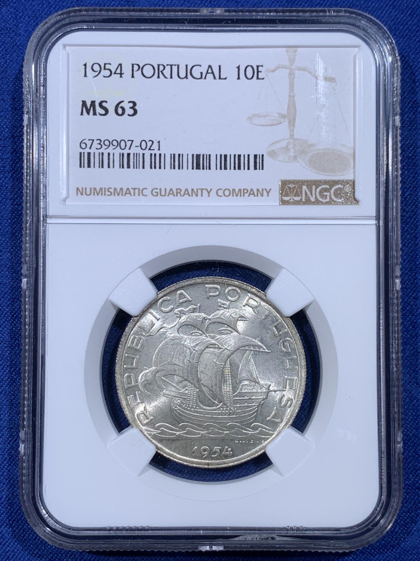 《竞宝斋》第430场 周日，周一，周二 3场连拍 （全场包邮） NGC MS63 葡萄牙1954年10埃斯库多大航海帆船银币 卷拆原光