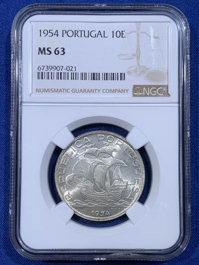《竞宝斋》第430场 周日，周一，周二 3场连拍 （全场包邮） - NGC MS63 葡萄牙1954年10埃斯库多大航海帆船银币 卷拆原光