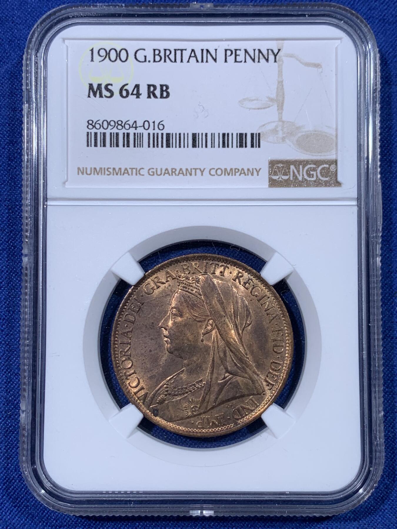 《竞宝斋》第430场 周日，周一，周二 3场连拍 （全场包邮） NGC MS64RB 英国1900年维多利亚披纱1便士 铜光很好