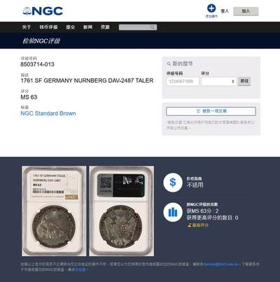 《竞宝斋》第430场 周日，周一，周二 3场连拍 （全场包邮） 冠军分 NGC MS63 德国 1761年  纽伦堡帝国自由城  弗朗茨一世 坐人 双头鹰 泰勒大银币 独年发型 极好状态