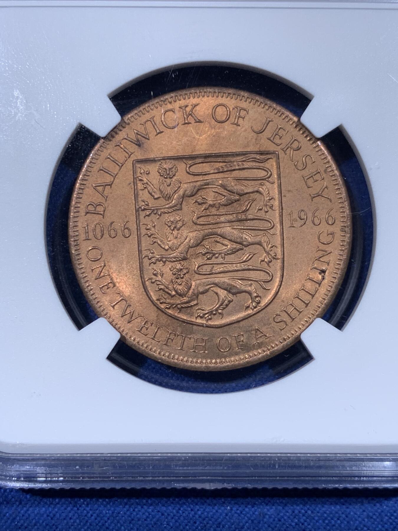 《竞宝斋》第430场 周日，周一，周二 3场连拍 （全场包邮） NGC MS65RB 英属泽西岛1966年1/12先令诺曼征服纪念 红棕色充分氧化 高分少见