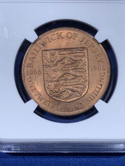 《竞宝斋》第430场 周日，周一，周二 3场连拍 （全场包邮） NGC MS65RB 英属泽西岛1966年1/12先令诺曼征服纪念 红棕色充分氧化 高分少见