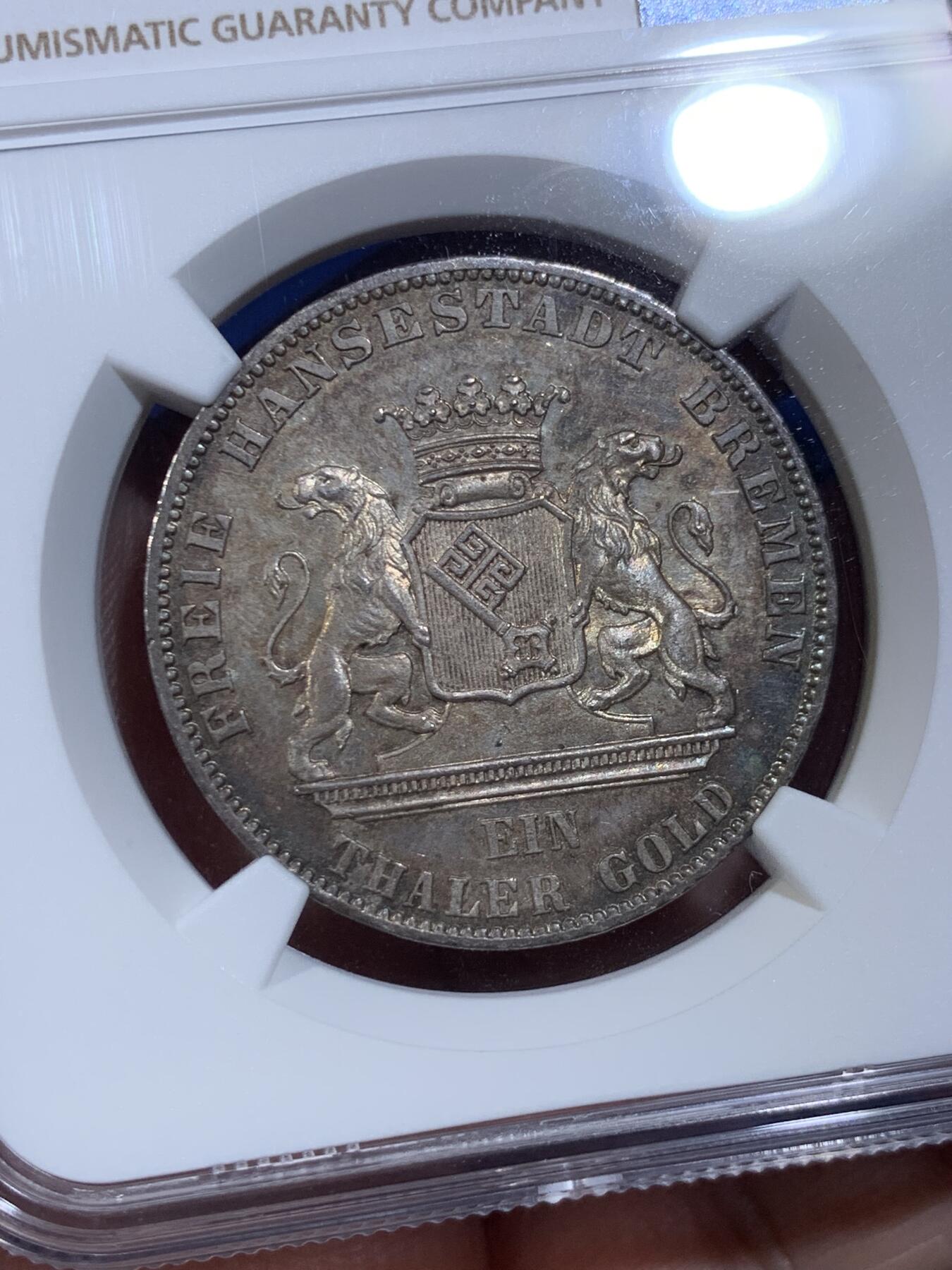 《竞宝斋》第430场 周日，周一，周二 3场连拍 （全场包邮） NGC MS63 德国1865年不莱梅泰勒银币，酱五彩十分漂亮