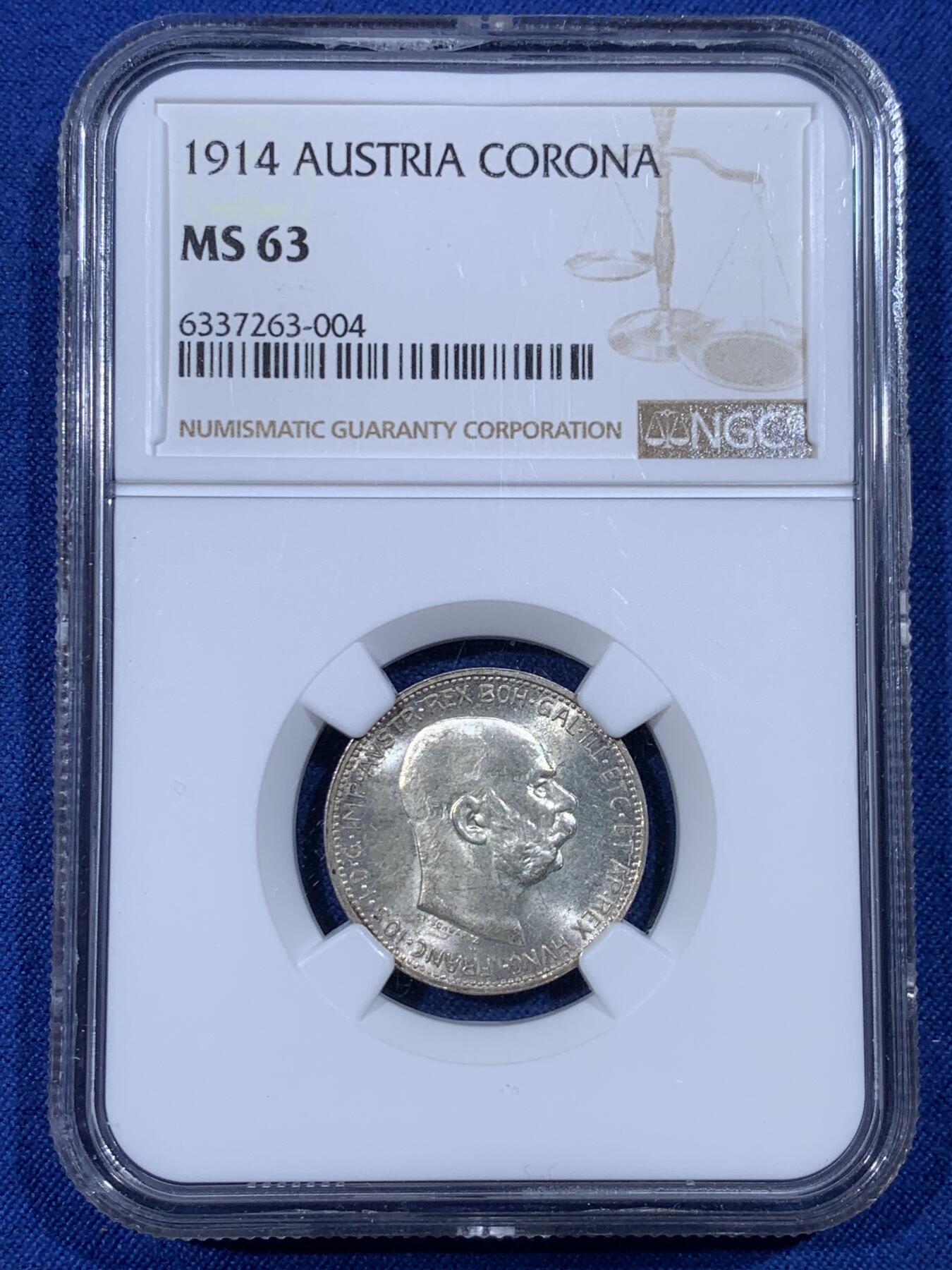 《竞宝斋》第430场 周日，周一，周二 3场连拍 （全场包邮） NGC MS63 奥地利1914弗朗西斯·约瑟夫一世1克朗银币 原光好品