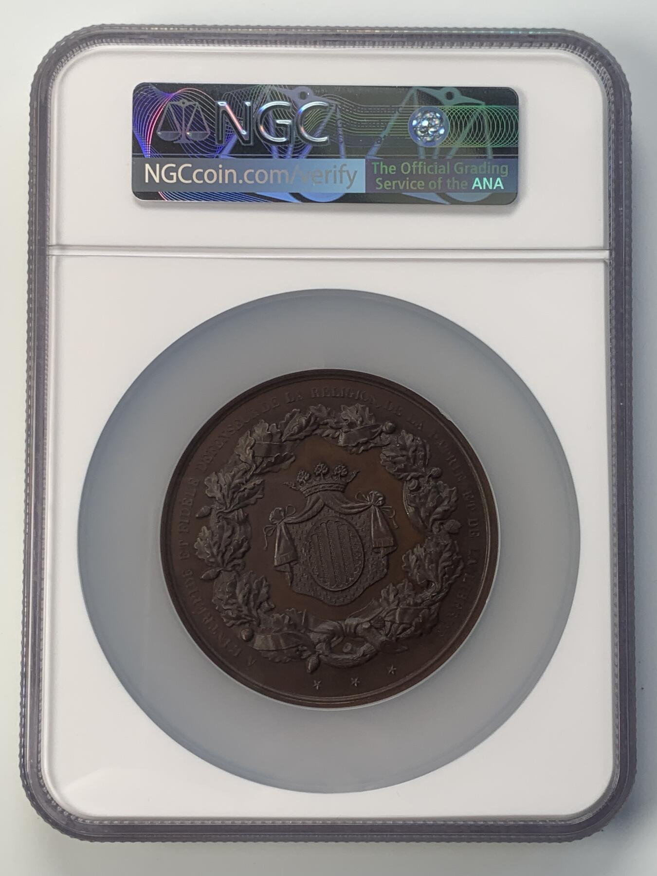 掌中浮雕-藏着的欧洲第038场 NGC MS63 : 1857年比利时财政部长费利克铜章，68mm