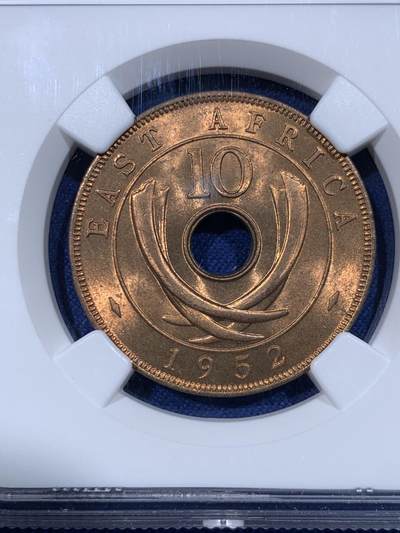 《竞宝斋》第430场 周日，周一，周二 3场连拍 （全场包邮） 两枚一组 NGC MS65RB 1952年英属东非乔六时期5/10分铜币 合适收藏的分数！铜光漂亮！