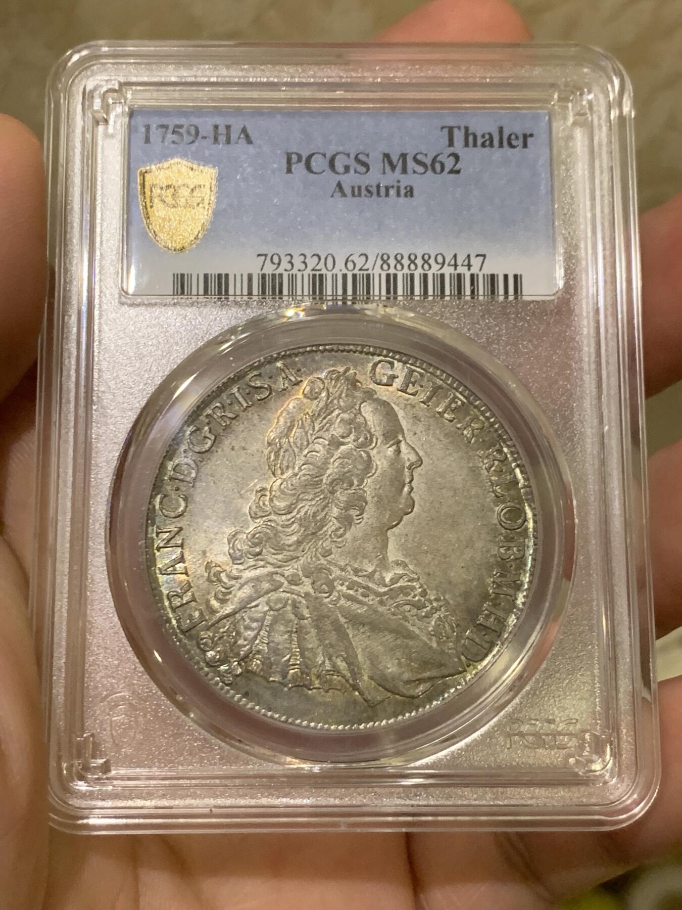 《竞宝斋》第430场 周日，周一，周二 3场连拍 （全场包邮） 唯一冠军分 PCGS MS62 奥地利帝国 1759 弗朗茨一世 泰勒大银币 数量极少 一般常见为他老婆 玛利亚特蕾莎 光度彩都足够好