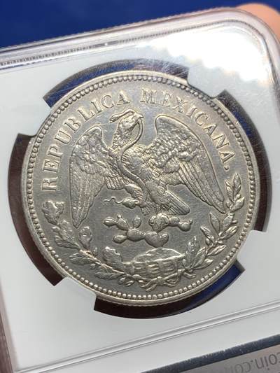 《竞宝斋》第430场 周日，周一，周二 3场连拍 （全场包邮） NGC AU 1908年 墨西哥鹰洋MO AM 两面光度很强 老洗币 两面已有淡包浆