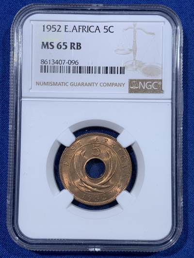 《竞宝斋》第430场 周日，周一，周二 3场连拍 （全场包邮） 两枚一组 NGC MS65RB 1952年英属东非乔六时期5/10分铜币 合适收藏的分数！铜光漂亮！