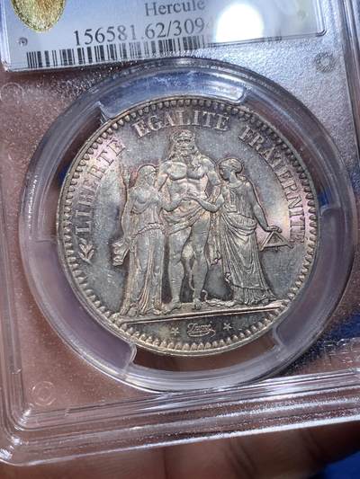 《竞宝斋》第430场 周日，周一，周二 3场连拍 （全场包邮） PCGS MS62 法国1848年第二共和国大力神5法郎银币 原光五彩 状态一流 老盒严评 盒子顶部小裂纹 币状态很好