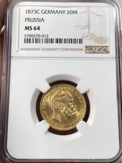万国钱币拍卖第053期【万国秋季大拍下●周五周六两场连拍】 - NGC MS64 1873年德国普鲁士威廉一世短翅流通20马克金币 柏林厂铸 顶级丝滑金光闪耀 7.96g 900金