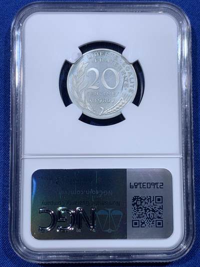 《竞宝斋》第430场 周日，周一，周二 3场连拍 （全场包邮） NGC PF67CAMEO 法国第五共和国 1980年 20分 加厚精制银币 950银10.27克 资料显示发行量仅820枚 不可错过