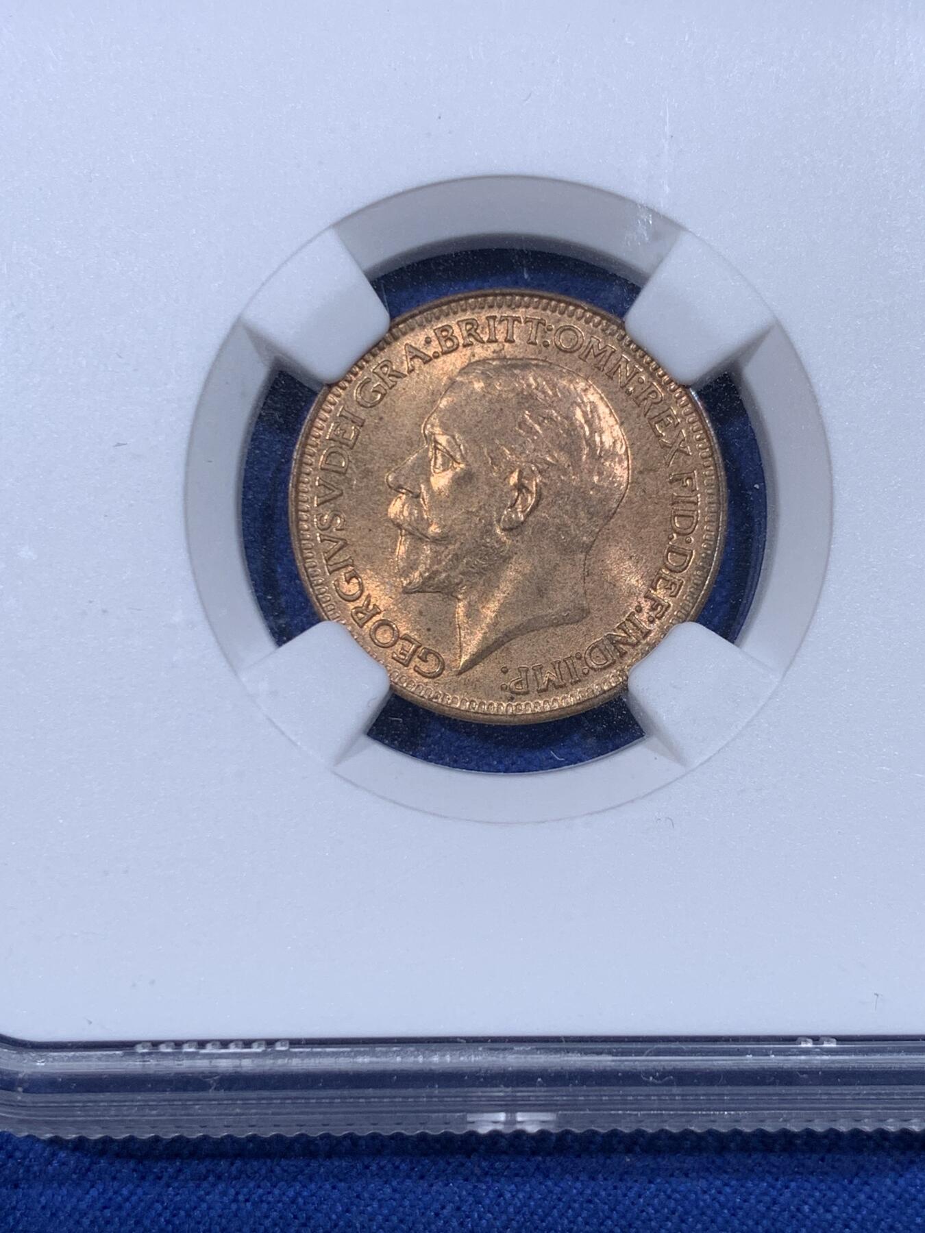 《竞宝斋》第430场 周日，周一，周二 3场连拍 （全场包邮） NGC MS64RB 英国1928年乔治五世一法新铜币，原光状态，铜光很足，辅币流通充分，高分难得