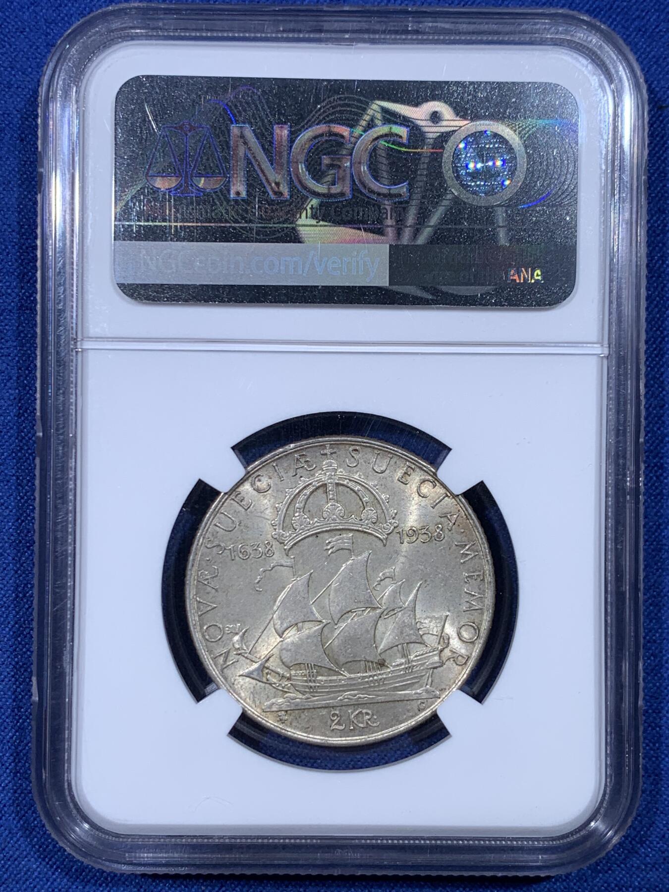 《竞宝斋》第430场 周日，周一，周二 3场连拍 （全场包邮） NGC MS63 瑞典1938年古斯塔夫五世2克朗银币 15克 31mm 早期800银 高银版 原光好品