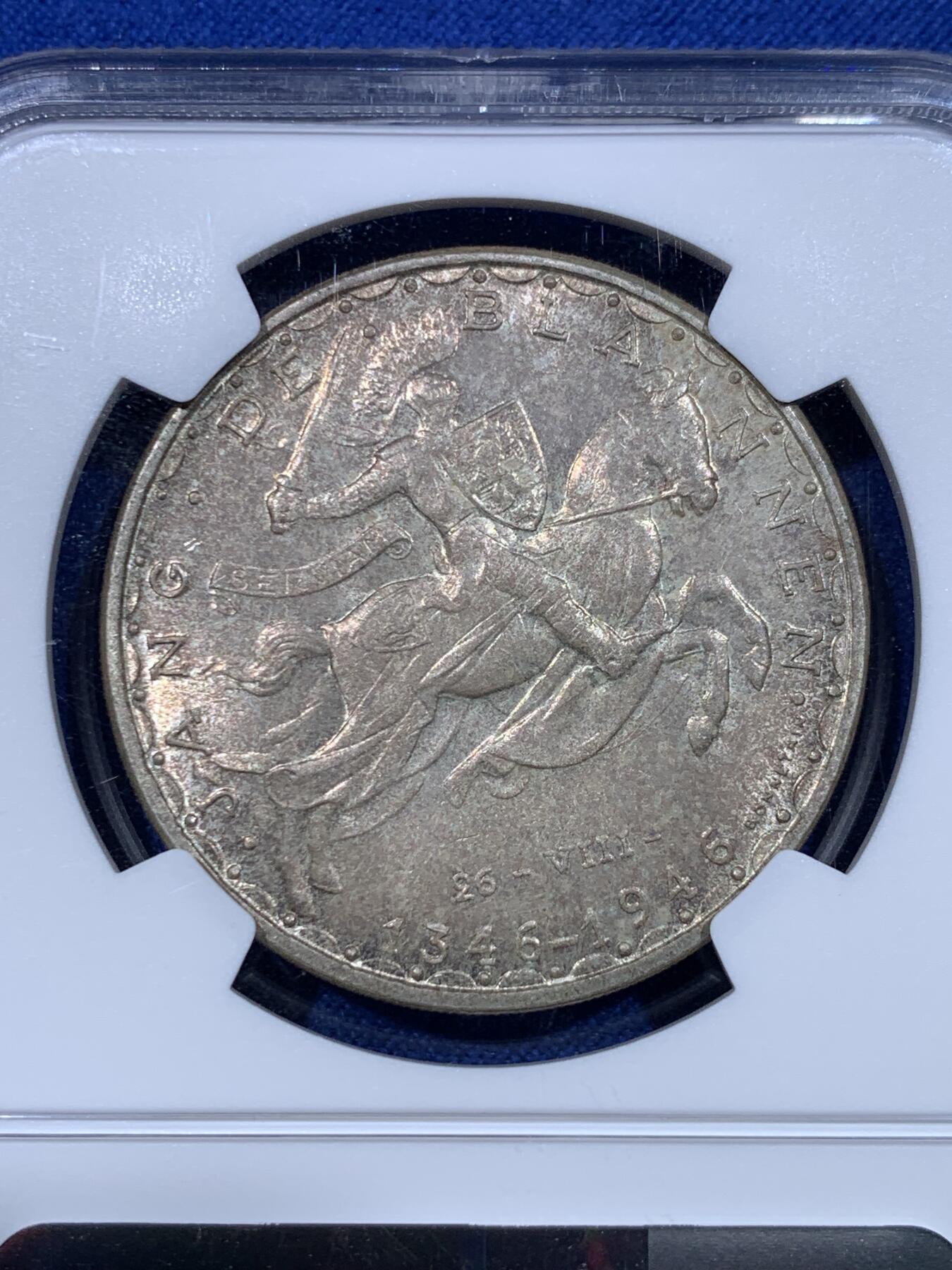 《竞宝斋》第430场 周日，周一，周二 3场连拍 （全场包邮） 三枚一组 NGC MS65-66 卢森堡1946年100法郎、50法郎、20法郎骑士马剑银币，纪念卢森堡大公瞎子约翰战死600周年纪念币，瞎子约翰的战死代表中世纪骑士精神的陨落，三枚币包浆统一，编号连续，适合一次性成套入藏