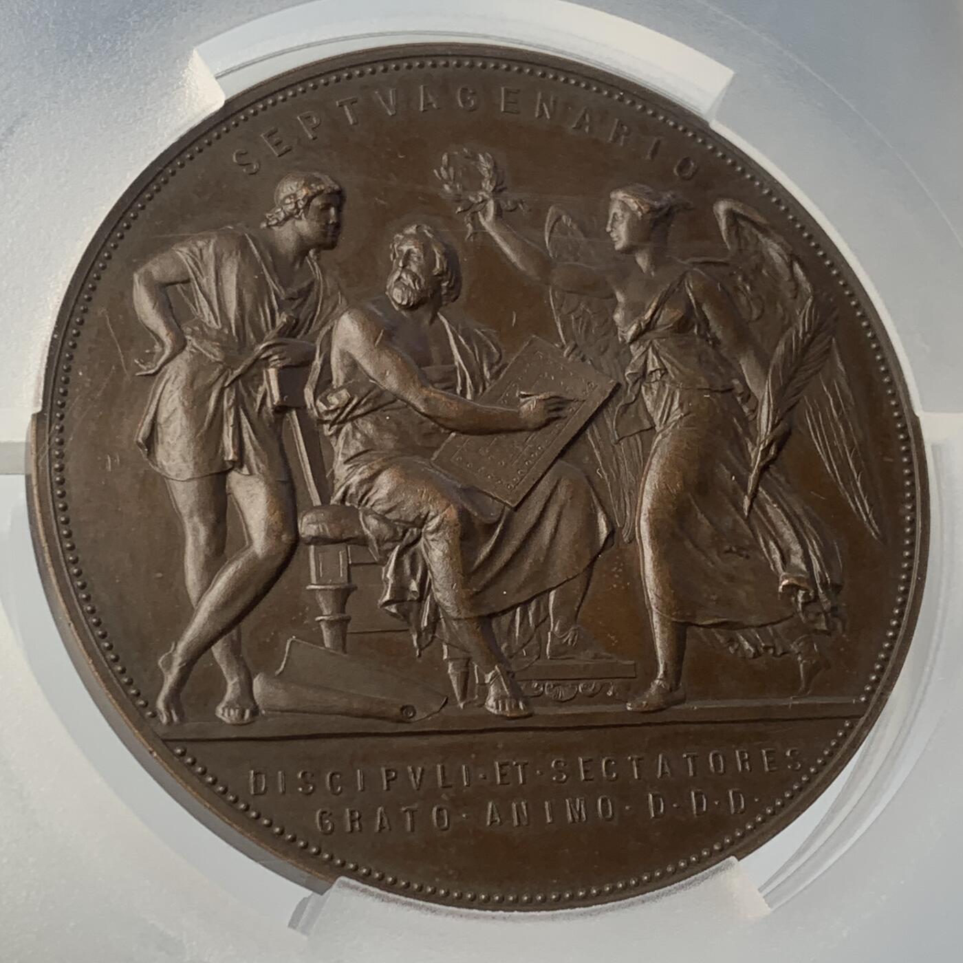 掌中浮雕-藏着的欧洲第038场 PCGS SP63 : 1883年丹麦建筑师兼维也纳教授Theophil Hansen70岁诞辰铜章 ，60mm