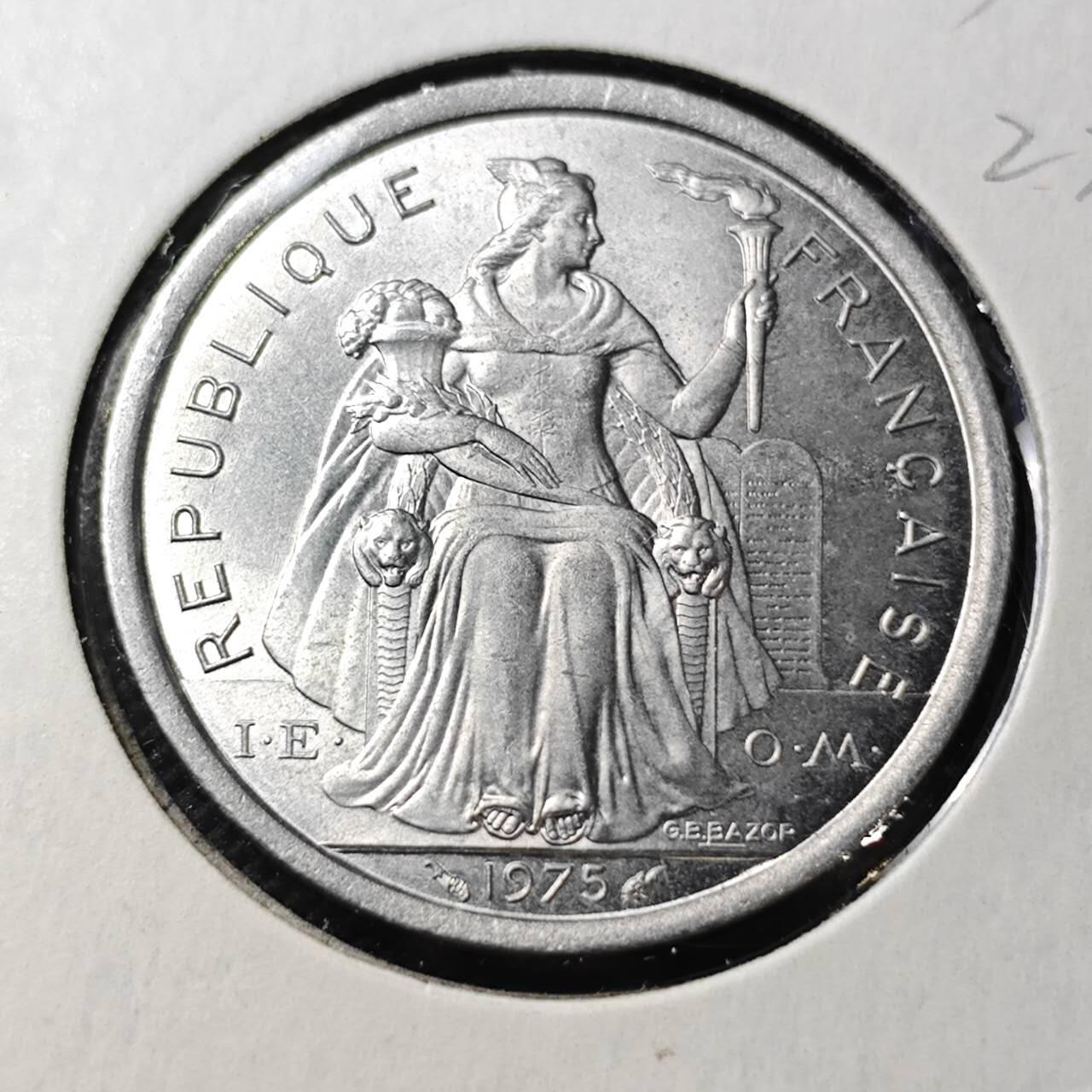 KK钱币收藏小铺  第356场  2月预留时间 周末发货  1975法属波利尼西亚2法郎 好品