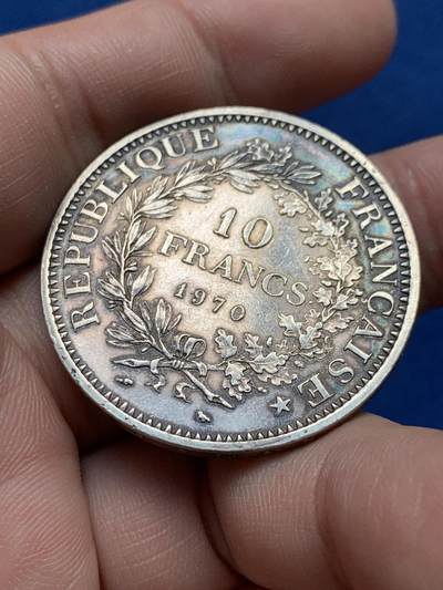 《竞宝斋》第430场 周日，周一，周二 3场连拍 （全场包邮） 法国1970年大力神10法郎银币