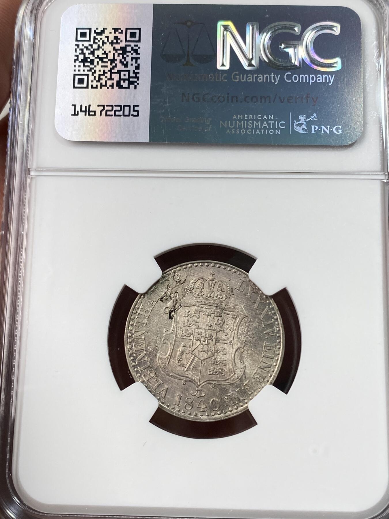 万国钱币拍卖第053期【万国秋季大拍下●周五周六两场连拍】 NGC MS65 1840年汉诺威奥古斯特一世1/6泰勒银币 全深打英式盾徽 诱人孔雀绿均匀包浆极美收藏品质