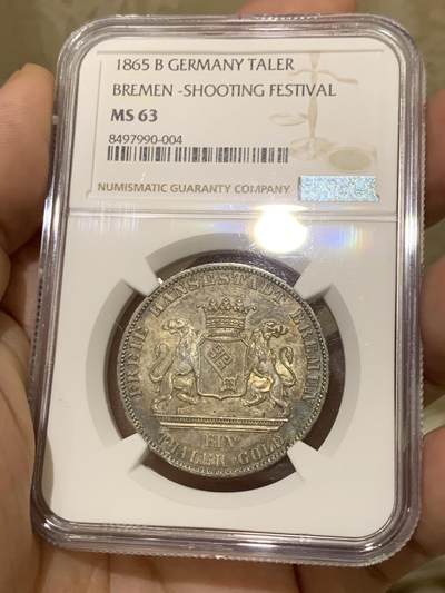 《竞宝斋》第430场 周日，周一，周二 3场连拍 （全场包邮） NGC MS63 德国1865年不莱梅泰勒银币，酱五彩十分漂亮