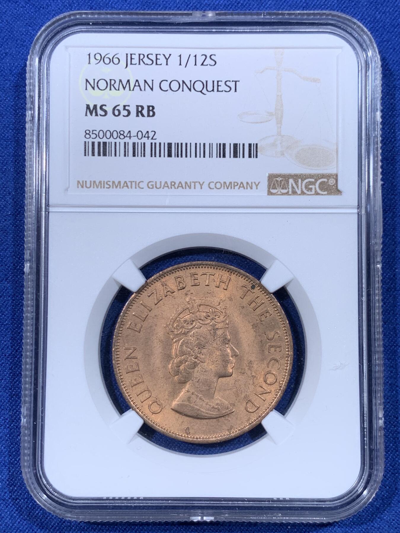 《竞宝斋》第430场 周日，周一，周二 3场连拍 （全场包邮） NGC MS65RB 英属泽西岛1966年1/12先令诺曼征服纪念 红棕色充分氧化 高分少见