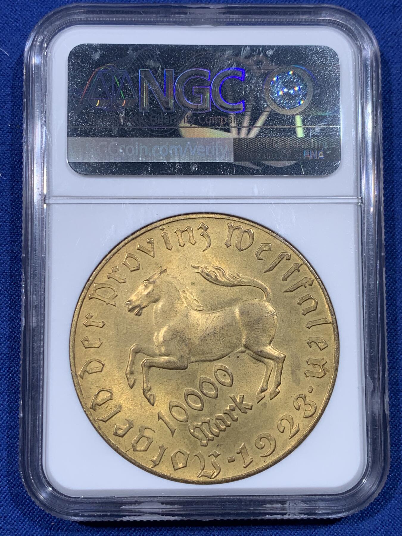 《竞宝斋》第430场 周日，周一，周二 3场连拍 （全场包邮） NGC MS64 德国紧急状态币 1923年10000马克铜镀金
