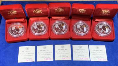 《竞宝斋》第430场 周日，周一，周二 3场连拍 （全场包邮） - 五枚一组 澳大利亚1997年笑翠鸟镶嵌金猫银币，每枚含纯银1盎司，纯金约0.5g