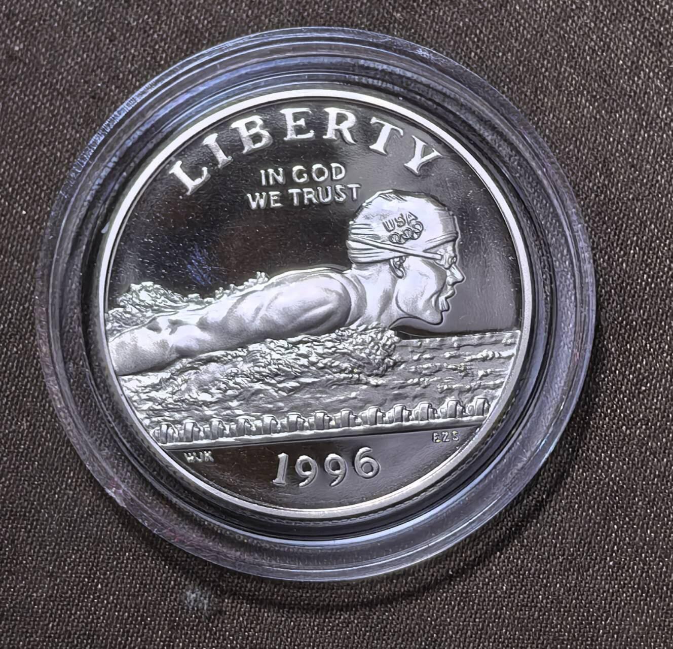 北京马甸外国币专卖第145期，外国币专场，陆续上拍，欢迎关注 Proof精制S版 游泳 美国1996年半美元 亚特兰大奥运会纪念币50分