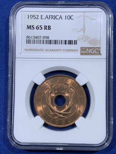 《竞宝斋》第430场 周日，周一，周二 3场连拍 （全场包邮） 两枚一组 NGC MS65RB 1952年英属东非乔六时期5/10分铜币 合适收藏的分数！铜光漂亮！