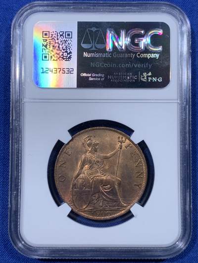 《竞宝斋》第430场 周日，周一，周二 3场连拍 （全场包邮） NGC MS64RB 英国1900年维多利亚披纱1便士 铜光很好