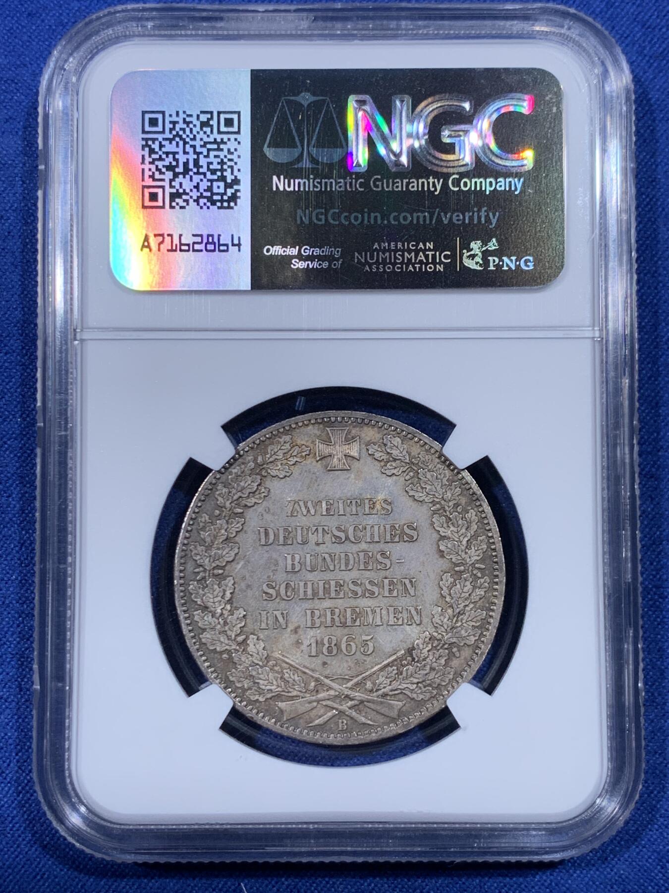 《竞宝斋》第430场 周日，周一，周二 3场连拍 （全场包邮） NGC MS63 德国1865年不莱梅泰勒银币，酱五彩十分漂亮