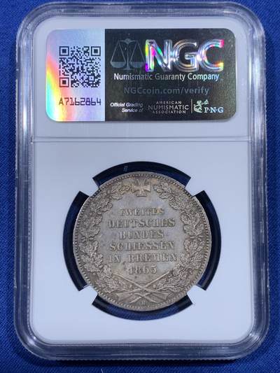 《竞宝斋》第430场 周日，周一，周二 3场连拍 （全场包邮） NGC MS63 德国1865年不莱梅泰勒银币，酱五彩十分漂亮