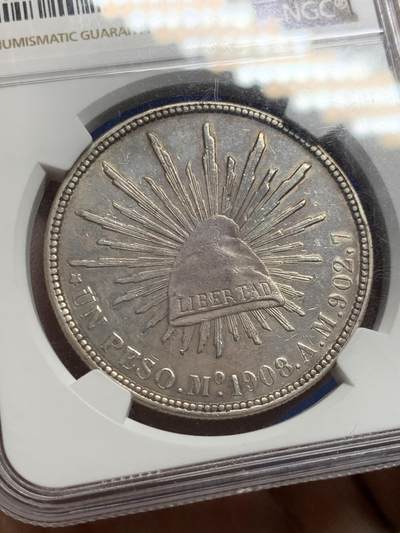 《竞宝斋》第430场 周日，周一，周二 3场连拍 （全场包邮） NGC AU 1908年 墨西哥鹰洋MO AM 两面光度很强 老洗币 两面已有淡包浆