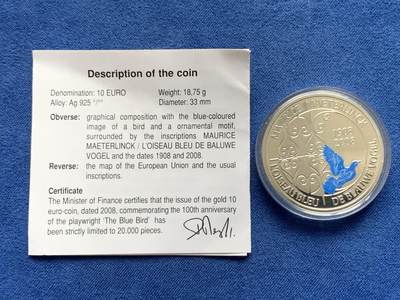 《竞宝斋》第430场 周日，周一，周二 3场连拍 （全场包邮） 比利时 2008年发行 纪念剧作家小蓝鸟百年精制币 面值10欧 ，发行2万套。带证书
