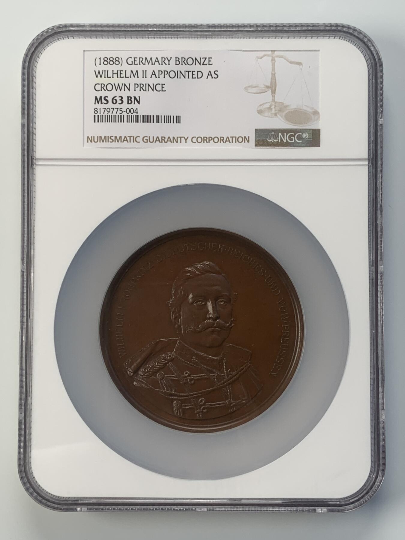 掌中浮雕-藏着的欧洲第038场 NGC MS63 ：1888年德皇弗立德里希三世立威廉二世为王储铜章，70mm